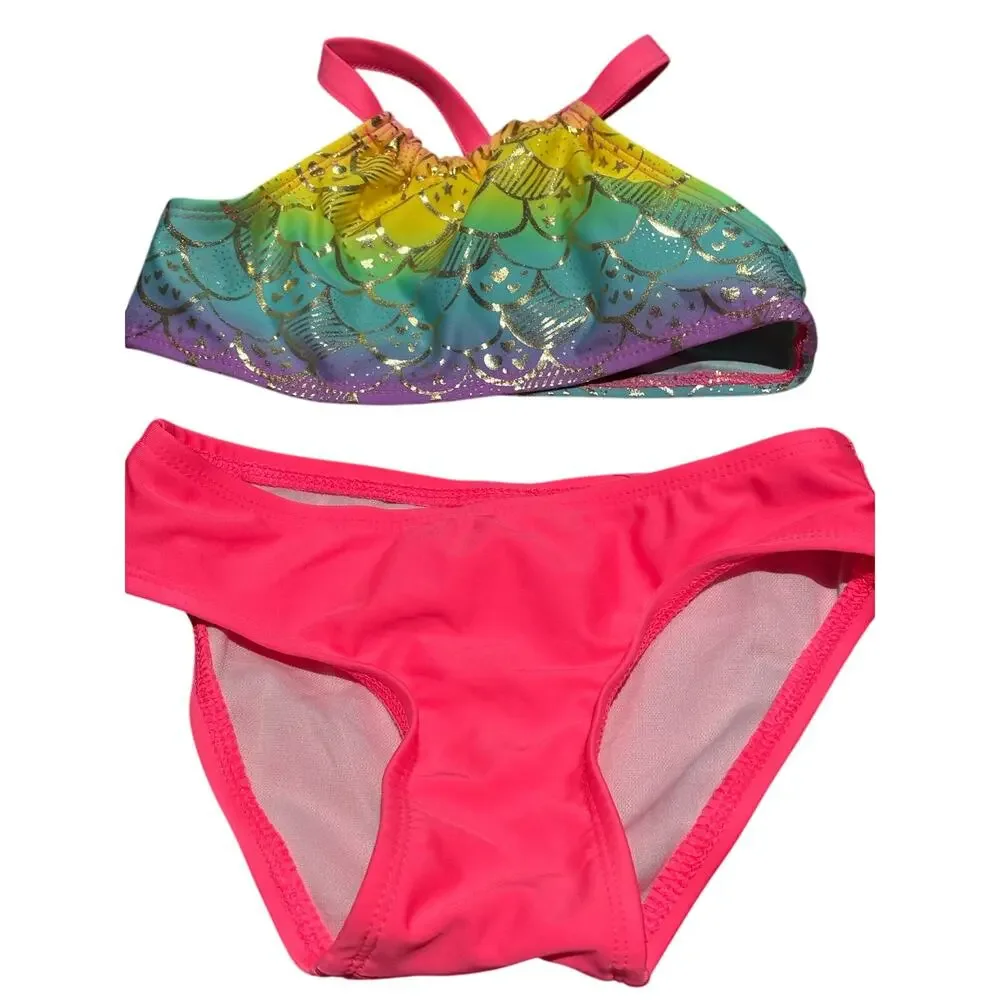 Cat and Jack 5t mermaid bikini and skirt tutu set metallic hot pink rainbow euc